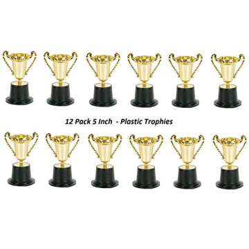Kicko Plastic Trophies - 12 Pack - 5 Inch - Golden Metallic Bulk Trophies for Kids, Boys and Girls Competition Cups, Awards, Party Favors, Props, Classroom Rewards, Prizes, Games, School Field Day