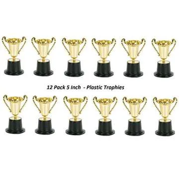 Kicko Plastic Trophies - 12 Pack - 5 Inch - Golden Metallic Bulk Trophies for Kids, Boys and Girls Competition Cups, Awards, Party Favors, Props, Classroom Rewards, Prizes, Games, School Field Day