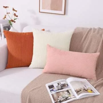 Mecatny Corduroy Decorative Throw Pillow Covers 18x18 Set of 2 for Sofa Bedroom Living Room, Stylish Soft Striped Couch Pillow Covers for Home Decor, Cream White