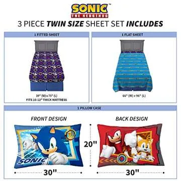Franco Kids Bedding Super Soft Microfiber Sheet Set, Twin, Sonic The Hedgehog, Anime