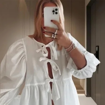 ABYOVRT Tie Front Puff Sleeve Blouse for Stylish Women