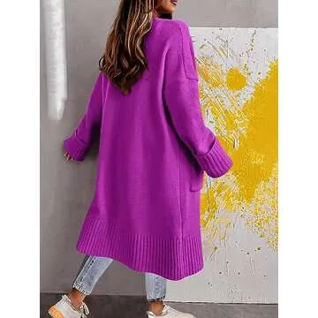 Danedvi Long Cardigan Sweaters for Women 2023 Fall Open Front Knit Oversized Cardigans Duster Coat with Pockets Purple