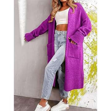Danedvi Long Cardigan Sweaters for Women 2023 Fall Open Front Knit Oversized Cardigans Duster Coat with Pockets Purple
