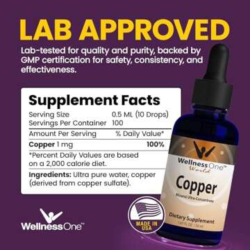 WellnessOne Liquid Copper Supplements - Immune Support Copper Sulfate Also Great for Nerve & Bone He...