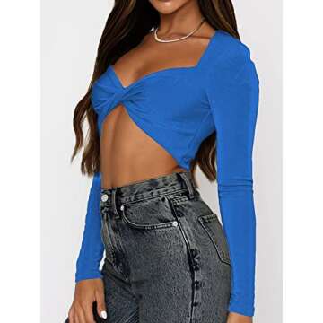 SOFIA'S CHOICE Women's Sexy Twist Front Crop Top Sweetheart Neckline Long Sleeve T Shirt Blue Small