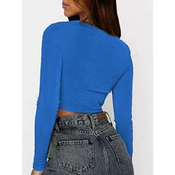 SOFIA'S CHOICE Women's Sexy Twist Front Crop Top Sweetheart Neckline Long Sleeve T Shirt Blue Small