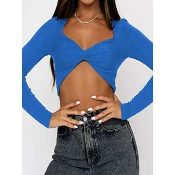 SOFIA'S CHOICE Women's Sexy Twist Front Crop Top Sweetheart Neckline Long Sleeve T Shirt Blue Small