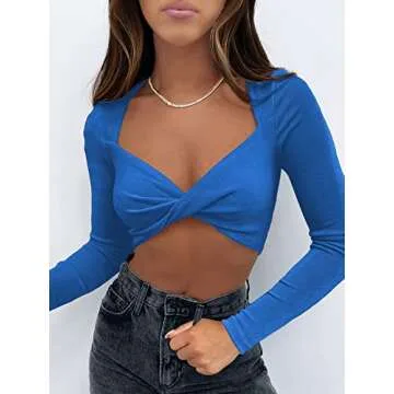 SOFIA'S CHOICE Women's Sexy Twist Front Crop Top Sweetheart Neckline Long Sleeve T Shirt Blue Small
