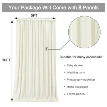 40 ft x 10 ft Wrinkle Free Ivory Backdrop Curtain for Wedding Parties, Polyester Ivory Photo Backdrop Drapes 8 Panels 5x10ft for Baby Shower Photoshoot Engagement Birthday Party Photography Background