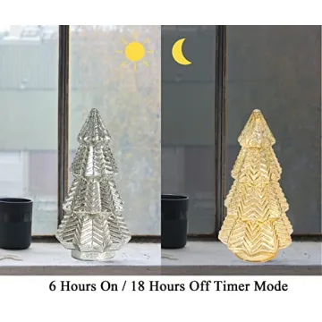 Lamris Tabletop Christmas Tree Timer Lighted 12 Inches Silver Mercury Glass Xmas Trees Decorations Table Centerpiece Mantel Window Home Decor