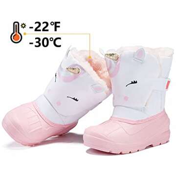 MORENDL Toddler Girls Snow Boots Insulated Waterproof Omni-Heat Winter Boots with Cute Unicorn Print White Pink 5 US Toddler