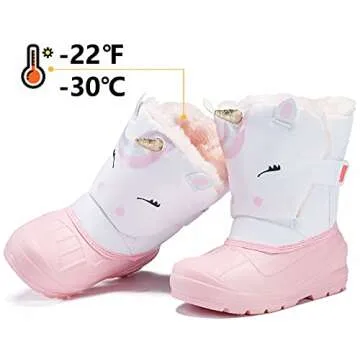 MORENDL Toddler Girls Snow Boots Insulated Waterproof Omni-Heat Winter Boots with Cute Unicorn Print White Pink 5 US Toddler