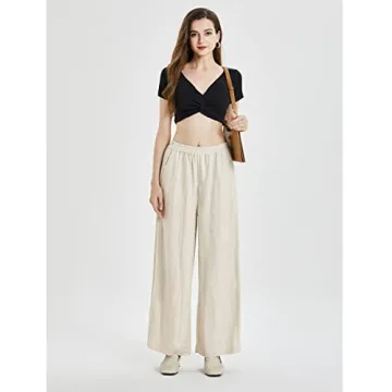 IXIMO Women's 100% Linen Pants Elastic Pleated Wide Leg Straight Fit Palazzo Pants Long Style Black M