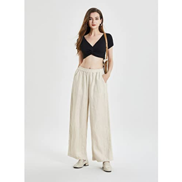 IXIMO Women's 100% Linen Pants Elastic Pleated Wide Leg Straight Fit Palazzo Pants Long Style Black M