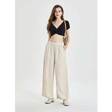 IXIMO Women's 100% Linen Pants Elastic Pleated Wide Leg Straight Fit Palazzo Pants Long Style Black M