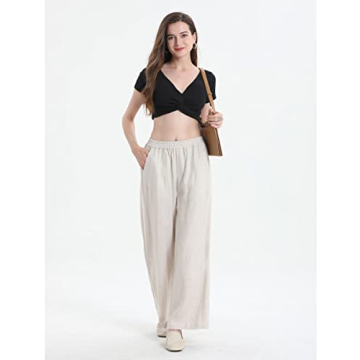 IXIMO Women's 100% Linen Pants Elastic Pleated Wide Leg Straight Fit Palazzo Pants Long Style Black M