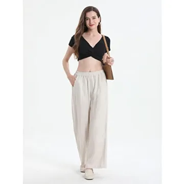 IXIMO Women's 100% Linen Pants Elastic Pleated Wide Leg Straight Fit Palazzo Pants Long Style Black M
