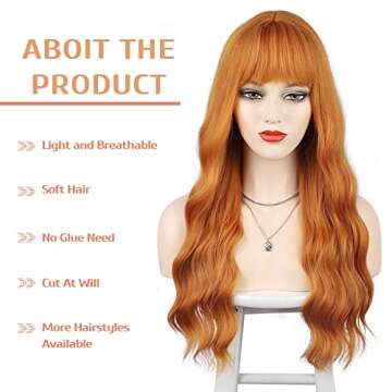 ENTRANCED STYLES Ginger Wig with Bangs Ginger Wavy Wigs for Women Long Orange Wig Heat Resistant Syn...