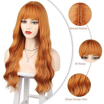 ENTRANCED STYLES Ginger Wig with Bangs Ginger Wavy Wigs for Women Long Orange Wig Heat Resistant Synthetic Orange Wig for Daily Cosplay Party(26inch Orange)