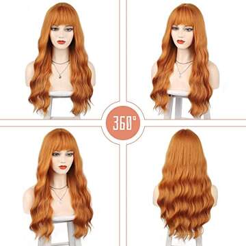 ENTRANCED STYLES Ginger Wig with Bangs Ginger Wavy Wigs for Women Long Orange Wig Heat Resistant Synthetic Orange Wig for Daily Cosplay Party(26inch Orange)