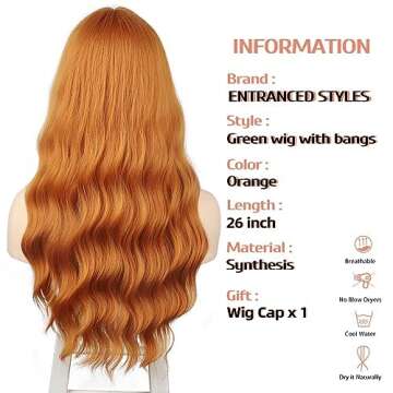 ENTRANCED STYLES Ginger Wig with Bangs Ginger Wavy Wigs for Women Long Orange Wig Heat Resistant Synthetic Orange Wig for Daily Cosplay Party(26inch Orange)