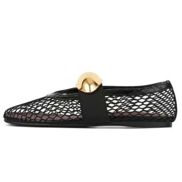 AMINUGAL Mesh Ballet Flats Shoes for Women Fashion Round Toe Fishnet Black Flats for Women Buckle Strap Mary Jane Shoes Women Comfy Casual Office Daily Dress Ballerina Shoes Size 8