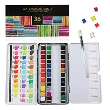 DOODLE HOG Watercolor Paint Set For Artists On-The-Go. Value Bundle Includes 36 Half Pans of Vibrant Water Color Palettes & 6 Refillable Water Brush Pen.