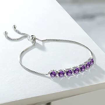 Gem Stone King 7-Stone Tennis Bracelet For Women In 925 Sterling Silver | 4.5MM Round Gemstone Birthstone | Bollo Bracelet | Fully Adjustable Up to 9 Inch | Easy-On Easy-Off