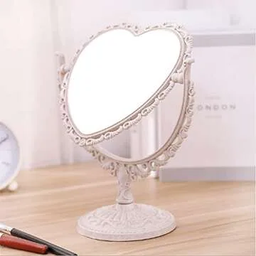 AKOAK 1 Pack Simple and Lovely Heart-Shaped Cosmetic Mirror Plastic Double-Sided Rotatable Dresser Mirror Lightweight Mirror Bathroom Bedroom Mirror （Four-Color） (Beige)