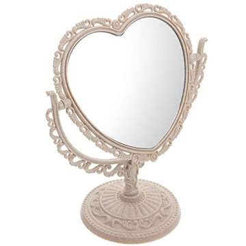 AKOAK 1 Pack Simple and Lovely Heart-Shaped Cosmetic Mirror Plastic Double-Sided Rotatable Dresser Mirror Lightweight Mirror Bathroom Bedroom Mirror （Four-Color） (Beige)