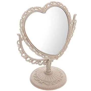 AKOAK 1 Pack Simple and Lovely Heart-Shaped Cosmetic Mirror Plastic Double-Sided Rotatable Dresser Mirror Lightweight Mirror Bathroom Bedroom Mirror （Four-Color） (Beige)