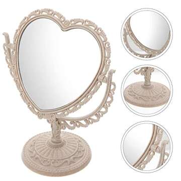 AKOAK 1 Pack Simple and Lovely Heart-Shaped Cosmetic Mirror Plastic Double-Sided Rotatable Dresser Mirror Lightweight Mirror Bathroom Bedroom Mirror （Four-Color） (Beige)