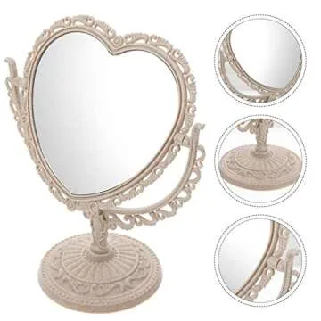 AKOAK 1 Pack Simple and Lovely Heart-Shaped Cosmetic Mirror Plastic Double-Sided Rotatable Dresser Mirror Lightweight Mirror Bathroom Bedroom Mirror （Four-Color） (Beige)