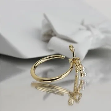 Elegant Sonateomber Gold Pearl Bow Adjustable Stacking Ring for Women