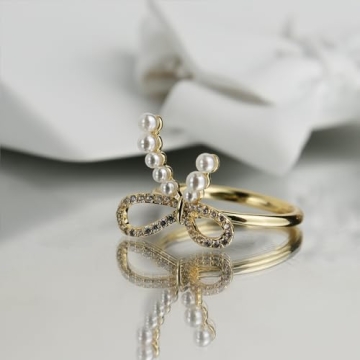 Elegant Sonateomber Gold Pearl Bow Adjustable Stacking Ring for Women