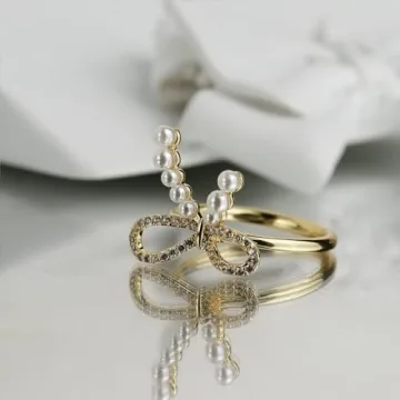 Elegant Sonateomber Gold Pearl Bow Adjustable Stacking Ring for Women