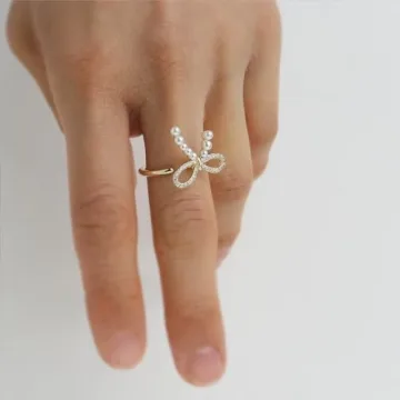 Elegant Sonateomber Gold Pearl Bow Adjustable Stacking Ring for Women