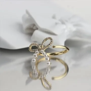 Elegant Sonateomber Gold Pearl Bow Adjustable Stacking Ring for Women
