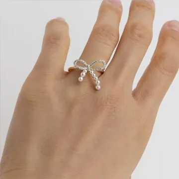 Elegant Sonateomber Gold Pearl Bow Adjustable Stacking Ring for Women