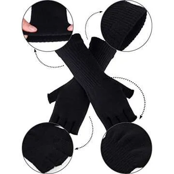 2 Pairs Unisex Fingerless Gloves Half Finger Stretchy Knit Gloves Lengthen Wrist Mittens Winter Warm Gloves (Black, Purple)