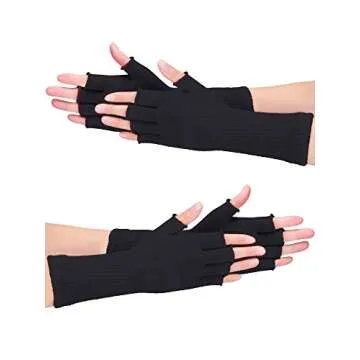 2 Pairs Unisex Fingerless Gloves Half Finger Stretchy Knit Gloves Lengthen Wrist Mittens Winter Warm Gloves (Black, Purple)