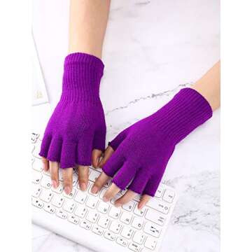 2 Pairs Unisex Fingerless Gloves Half Finger Stretchy Knit Gloves Lengthen Wrist Mittens Winter Warm Gloves (Black, Purple)