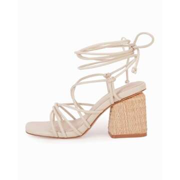 PiePieBuy Women's Lace Up Chunky Braided Heel Sandals Square Toe Strappy Ankle Strap Heels