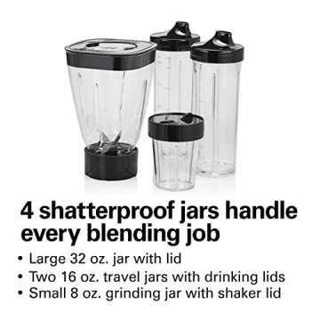 Hamilton Beach MultiBlend Smoothie Blender with 4 Shatterproof BPA Free Jars and Lids; Large 32oz Ja...