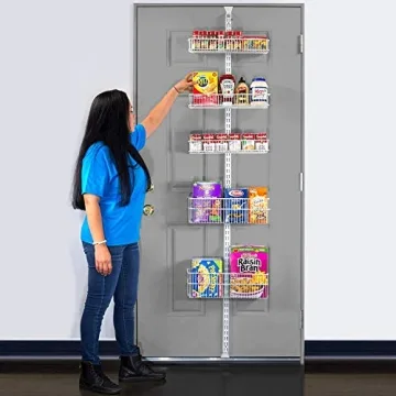 AllSpace Carbon Steel Pantry Organizer Heavy Duty Hanging Over the Door Storage Rack, 5 Wire Baskets, Kitchen Closet Organization - White 240077E