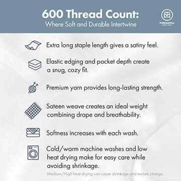 Threadmill 100% Cotton Sheets for King Size Bed - 600 Thread Count King Bed Sheets Set with 16” Deep Pocket - Sateen Weave 4-Piece Bedding Set with Cooling Effect, Ivory