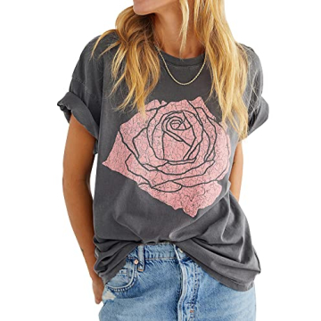 Womens Rose Graphic Tee T Shirt Loose Fit Summer Short Sleeve Casual Boyfriend Crew Neck Tops