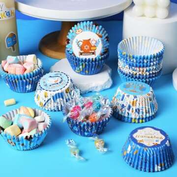 SANNIX 450pcs Hanukkah Cupcake Liners,Chanukkah Dreidel Menorah Cupcake Wrappers Baking Cups Paper Wraps Muffin Liners for Hanukkah Holiday Party Candy Cake Decorations Supplies(9 Designs)