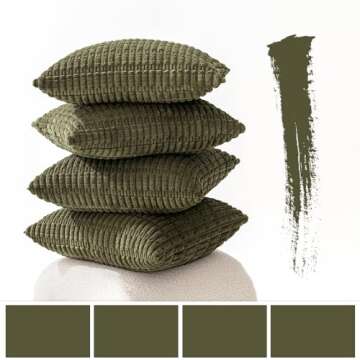 MIULEE Pack of 4 Olive Green Corduroy Decorative Throw Pillow Covers 18x18 Inch Soft Boho Striped Pi...