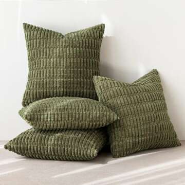 MIULEE Pack of 4 Olive Green Corduroy Decorative Throw Pillow Covers 18x18 Inch Soft Boho Striped Pillow Covers Modern Farmhouse Home Decor for Sofa Living Room Couch Bed